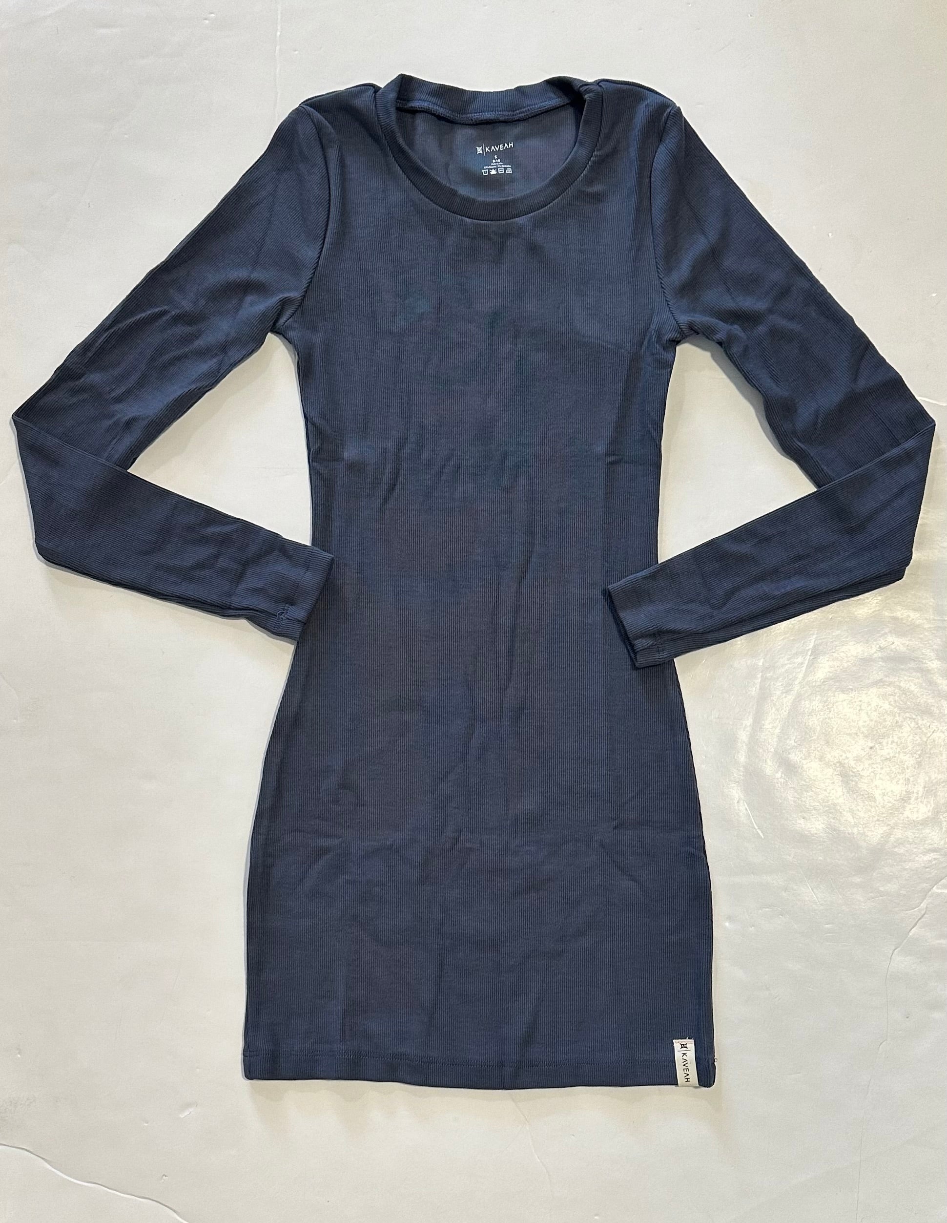 Blue Cotton Ribbed L/S Dress