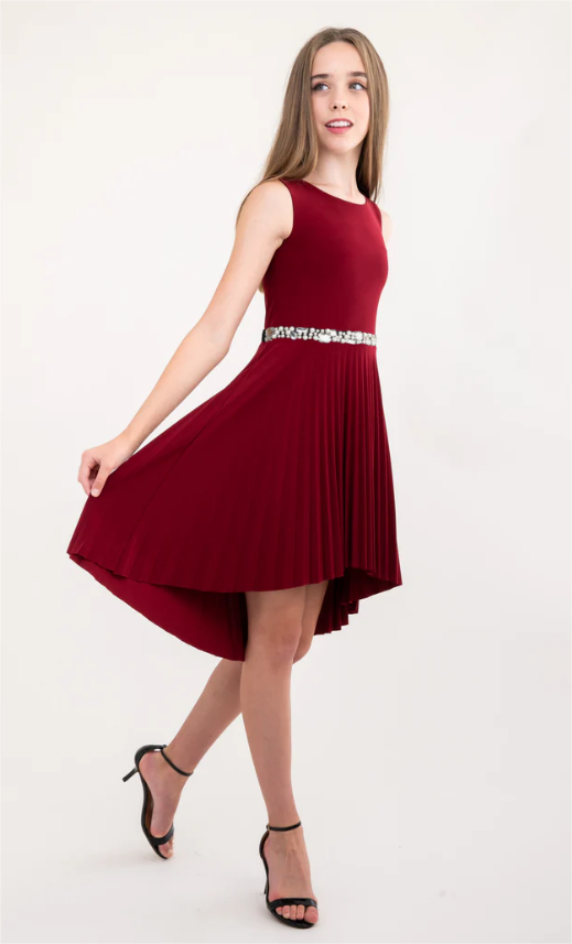 Burg Hi Low Pleated Dress w/Belt