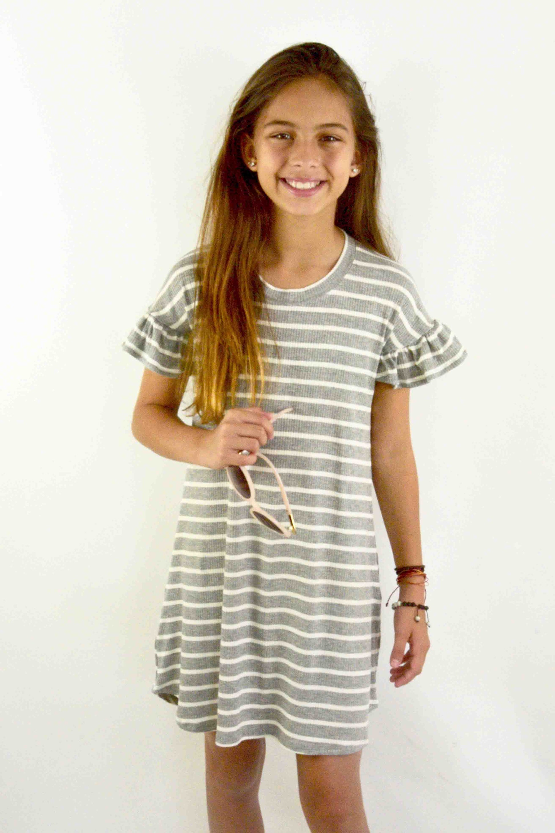 Grey & White Strip Dress w/Ruffle