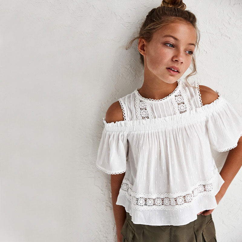 White ruffle outlet cold shoulder top